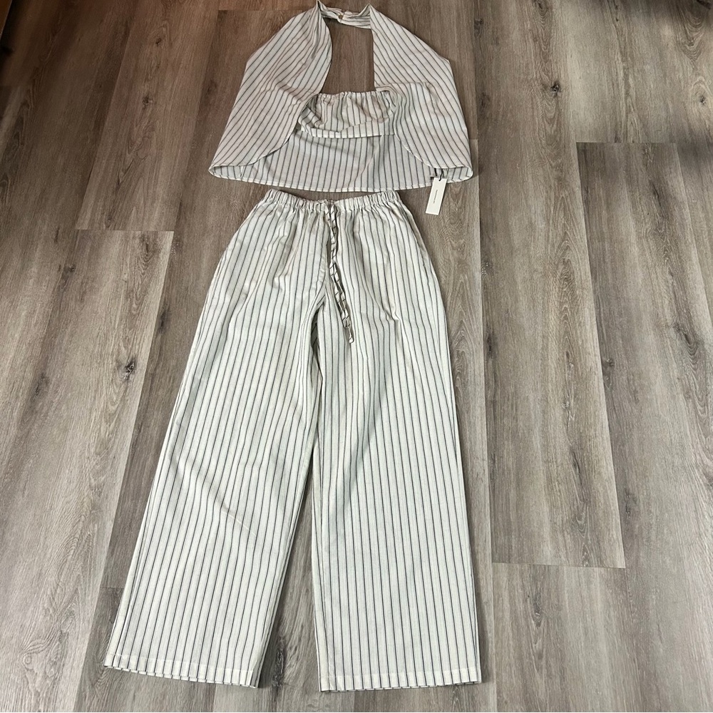 Commense Striped Cotton Linen Blend Halter Top & Pants Set